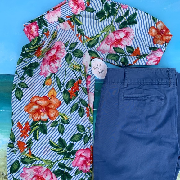 SOLD Harlow & Rose Blue Striped Floral Shoulder Top - Picture 3 of 11